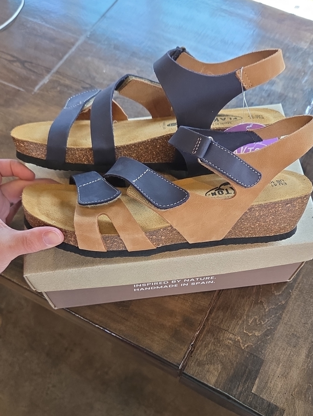 Plakton Size 7 Women’s Two-Tone Navy and Orange/Brown Cork Wedge Leather Sandals